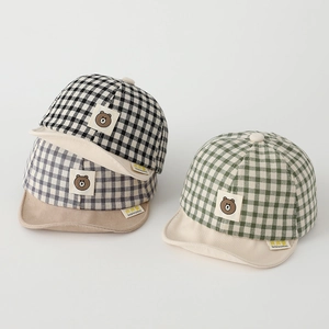 Plaid soft brim baby baseball caps with cute bear patch in black, grey and green colors