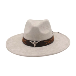 Detail of grey felt cowboy hat with leather band and silver bull head ornament
