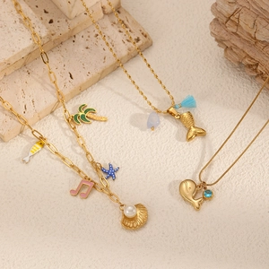 Collier Élément Océan Acier Inoxydable Pendentif Baleine Dauphin Coquillage Bijoux Émail Plaqué Or Pour Femme