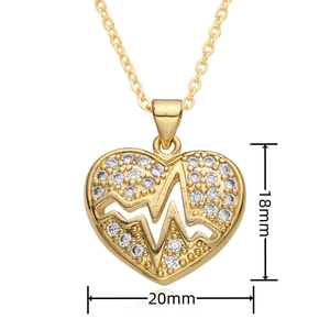 Detailed view of gold heart pendant with heartbeat pattern and zircon inlay measurements