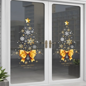 Golden Christmas tree window decals with snowflakes and bow for glass door decoration