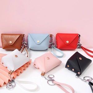 Mini PU leather keychain wallets in six colors with metal hooks and snap buttons