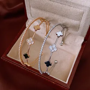 Double Layer Open Bracelet Copper With Zircon Four-leaf Clover Elegant Fashion Jewelry For Women Luxury Style