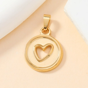 Golden circular stainless steel pendant featuring a hollow heart design with a loop clasp