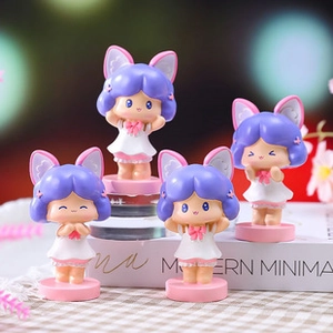 Detail of four anime-style Capybara figurines with purple hair on a desk
