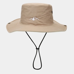 Chapeau de soleil kaki avec broderie montagne, bord large et cordon coupe-vent ajustable