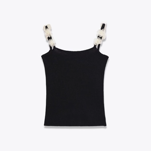 Women Knitted Camisole Tank Top Slim Fit Ribbed With 3D Flower Straps Sexy Sweet Summer Crop Top