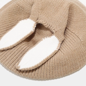 Cozy khaki knit beret featuring cute 3D bunny ears for women's winter fashion accessory