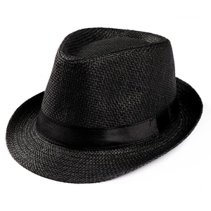 Classic black linen sun hat for men and women with woven texture and grosgrain band