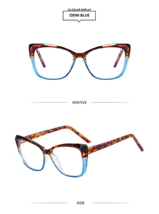 Front and side view of cat eye TR90 glasses frames in demi blue gradient finish