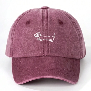 Adjustable burgundy cotton baseball cap featuring minimalist white dachshund embroidery