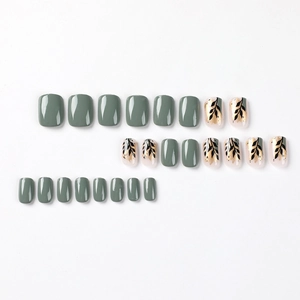 Short press on nail set in morandi grey-green and white with gold leaf patterns