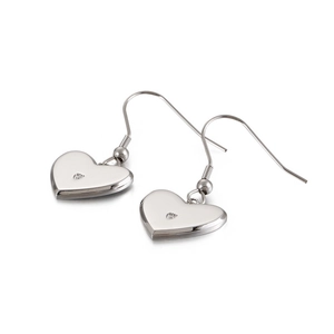 Minimalist heart-shaped silver titanium steel earrings with a single sparkling crystal