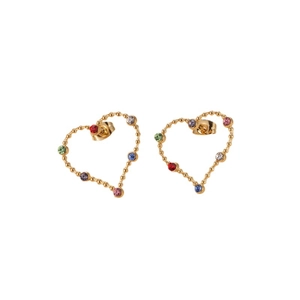 Elegante goldene Herzohrringe mit bunten Zirkonia und feiner Perlenstruktur
