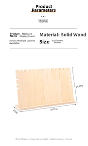 Detailed size chart of solid wood necklace display stand measuring 39.7cm by 24.4cm
