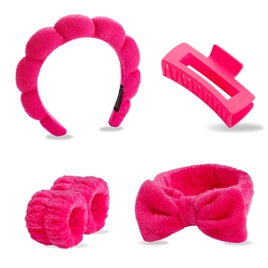 Detailed set of rose red plush headband, wristbands, bow hairband, and matte hair claw