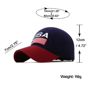USA flag camouflage baseball cap in navy and red with size measurements and details