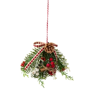 Christmas ornament with pine needles, berries, pinecones, and red bells on white background