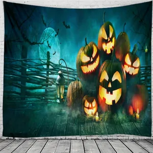 Halloween Wall Tapestry Polyester Jack-O-Lantern Pumpkin Bat Dark Forest Print Festive Party Decor Background Hanging