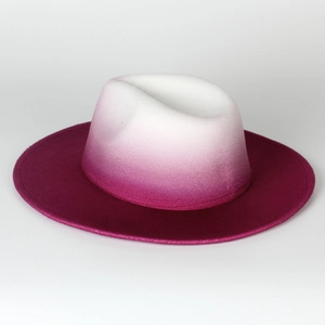 Elegant wide brim felt fedora hat with white to magenta ombre gradient tie-dye design
