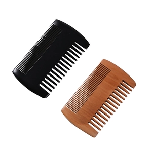 Dual-sided peach wood beard comb set with fine and coarse teeth on white background
