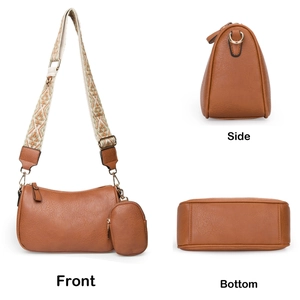 Multiple views showing front, side, and bottom of brown saddle bag with patterned strap