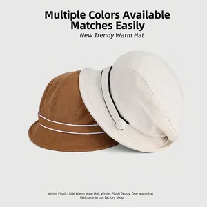 Winter plush warm fisherman hats in caramel brown and beige with decorative buttons