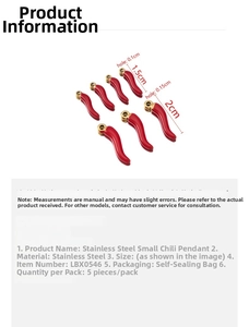 Detail view of two sizes of red enamel stainless steel chili pendants with dimensions