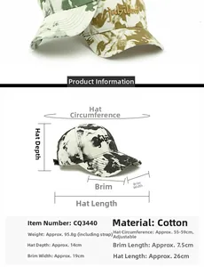 Tableau des tailles de casquette tie-dye avec tour de tête 55-59cm et profondeur