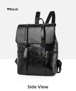 Seitenansicht des schwarzen PU-Lederrucksacks mit glänzender Textur und Metallschnallen