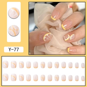 Lemon yellow French style fake nail kit with fruit patterns and full set of false tips