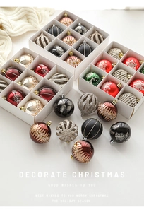 Close-up of 6cm Christmas ball ornaments in mixed textures with festive glitter finish