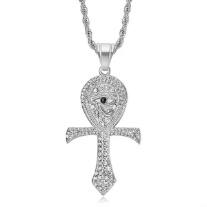 Silver Ankh Eye of Horus pendant with iced out rhinestones on a thick rope chain
