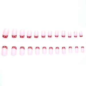 French tip press-on nails in pink with red star patterns, 24 piece square set