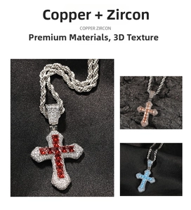 Detail of hip hop cross pendant with blue zircon stones and twisted rope chain