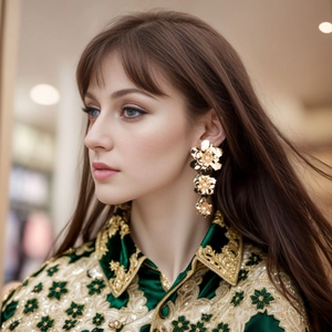 Vintage gold layered flower drop earrings with pearls on model in green velvet