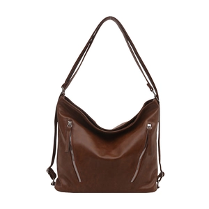Borsa hobo versatile in ecopelle marrone con doppie cerniere argentate e tracolle multiple