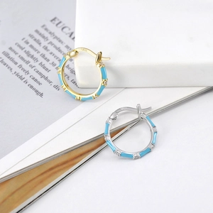 S925 silver bamboo hoop earrings with blue enamel and white zircon accents