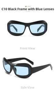 Détails macro de lunettes futuristes avec monture noire C10 et verres bleu clair