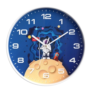 Silent astronaut wall clock for kids room featuring blue 3D space theme and white numbers