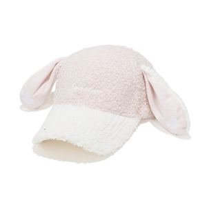 Close-up of pink lamb wool baseball cap with Sparkle embroidery and long rabbit ears
