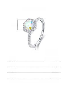 Detailed specs of s925 silver hexagonal ring with rainbow zircon stone and 2.77g weight