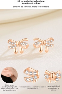 Detailed view of S925 silver bow earrings with rose gold plating and cubic zirconia