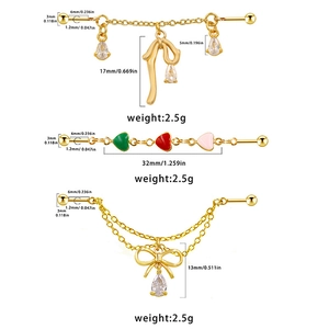 Detailed size chart for gold industrial barbells with butterfly and zircon charms