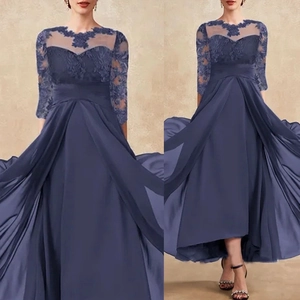 Abendkleid Spitze Chiffon Patchwork Vokuhila Saum Hohl Kurzarm Partykleid Für Damen Formelle Brautjungfer