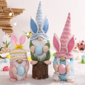 Set of 3 Easter rabbit gnomes with colorful eggs for festive home tabletop decoration