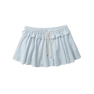 Detail of light blue striped mini skirt featuring ruffle hem and drawstring waist
