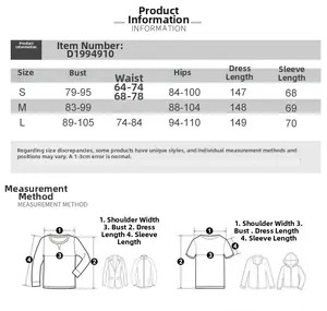 Tableau des tailles pour robe maxi moulante à manches longues avec mesures S, M et L