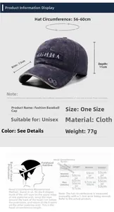 Size chart detail for unisex denim baseball cap showing brim and crown dimensions