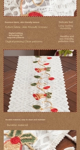 Detail of Christmas table runner with red and green bell embroidery and wavy edges